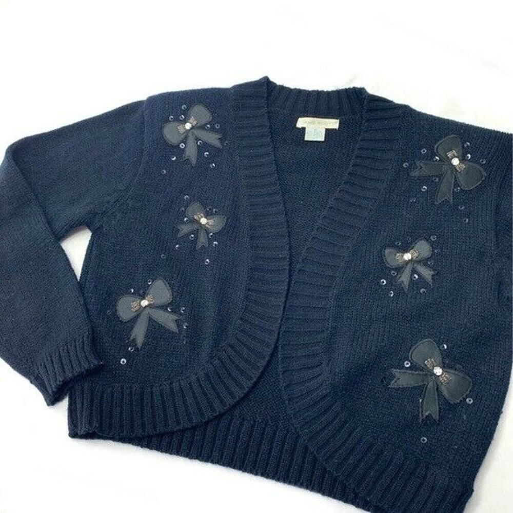 Vintage Jamie Scott Black Knit Sweater Embroidered Bows size medium